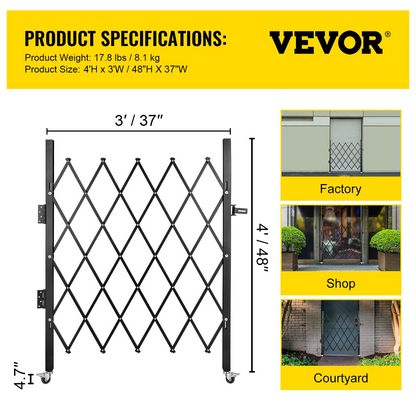 VEVOR Single Folding Security Gate, 48" H x 37" W Folding Door Gate, Steel Accordion Security Gate, Flexible Expanding Security Gate, 360° Rolling Barricade Gate, Scissor Gate or Door with Padlock