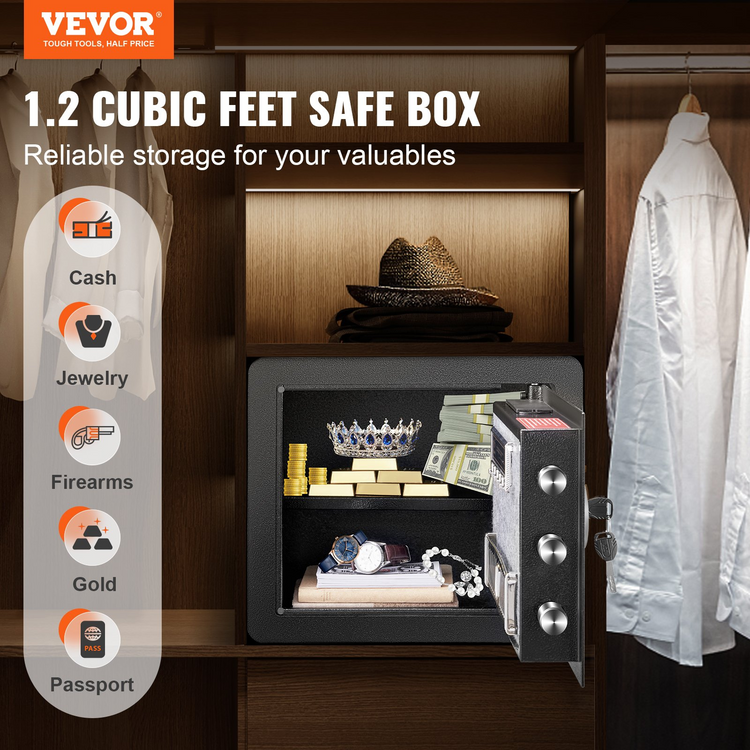 a safe with a door open and a coat in the background