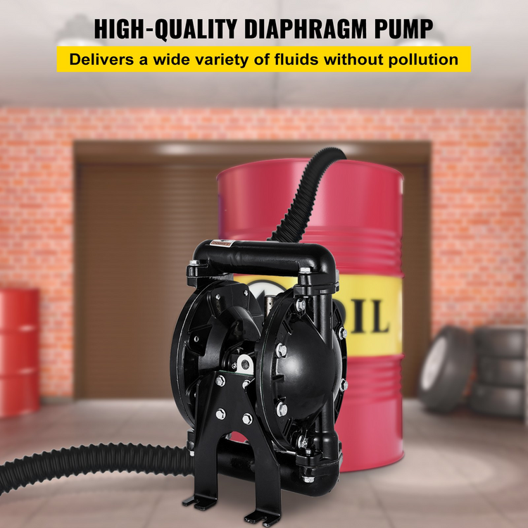a pump with hose and a barrel in front of a brick room