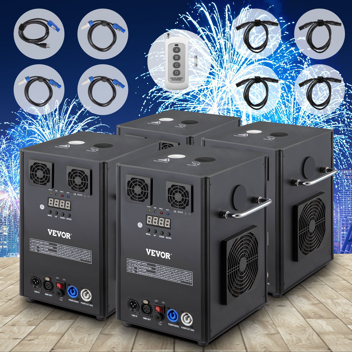 a group of black rectangular boxes with wires and a fireworks behind them