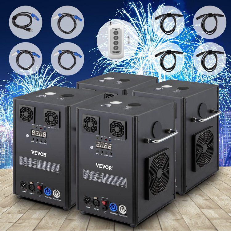 a group of black rectangular boxes with wires and a fireworks behind them