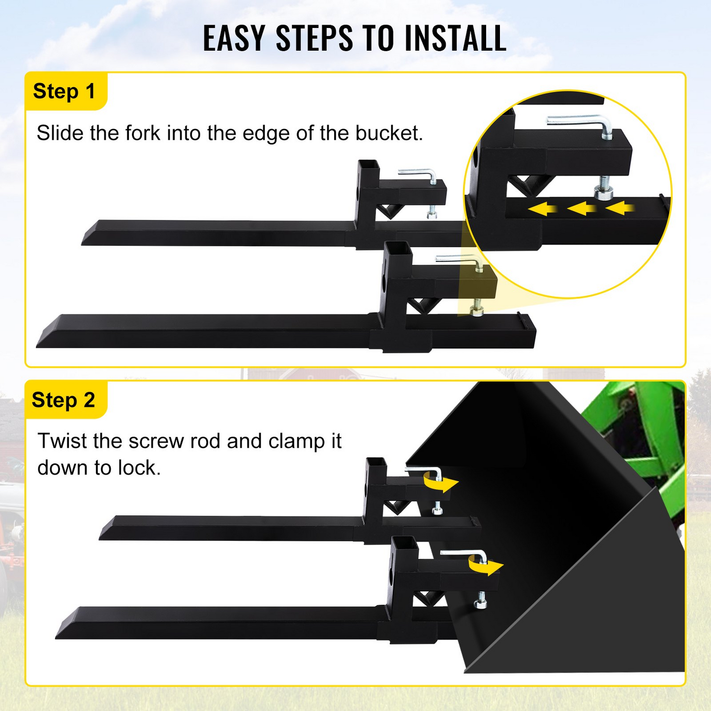 VEVOR Pallet Forks 2000 Lbs Clamp On Tractor Bucket Forks 46.9" Total Length, Heavy Duty Front Loader Forks, Fork Attachment for Skid Steer, Loader Bucket