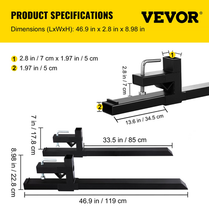 VEVOR Pallet Forks 2000 Lbs Clamp On Tractor Bucket Forks 46.9" Total Length, Heavy Duty Front Loader Forks, Fork Attachment for Skid Steer, Loader Bucket