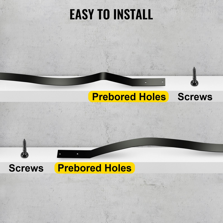 a black and white shelf with screws and a black metal curved object