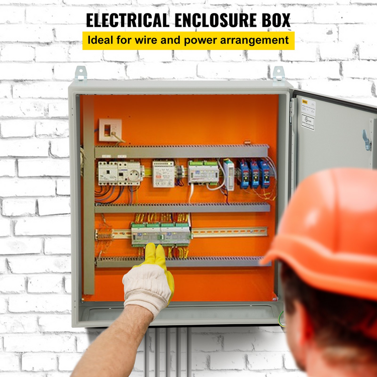a person wearing a hard hat and gloves pointing at an electrical box