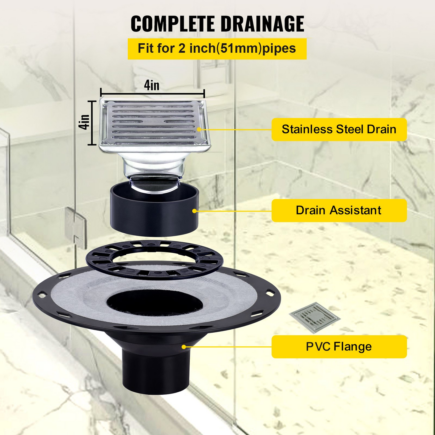 VEVOR Shower Curb Kit, 48"x48" Watertight Shower Curb Overlay with 4" PVC Central Bonding Flange, 4" Stainless Steel Grate, 2 Cuttable Shower Curb and Trowel, Shower Pan Slope Sticks Fit for Bathroom