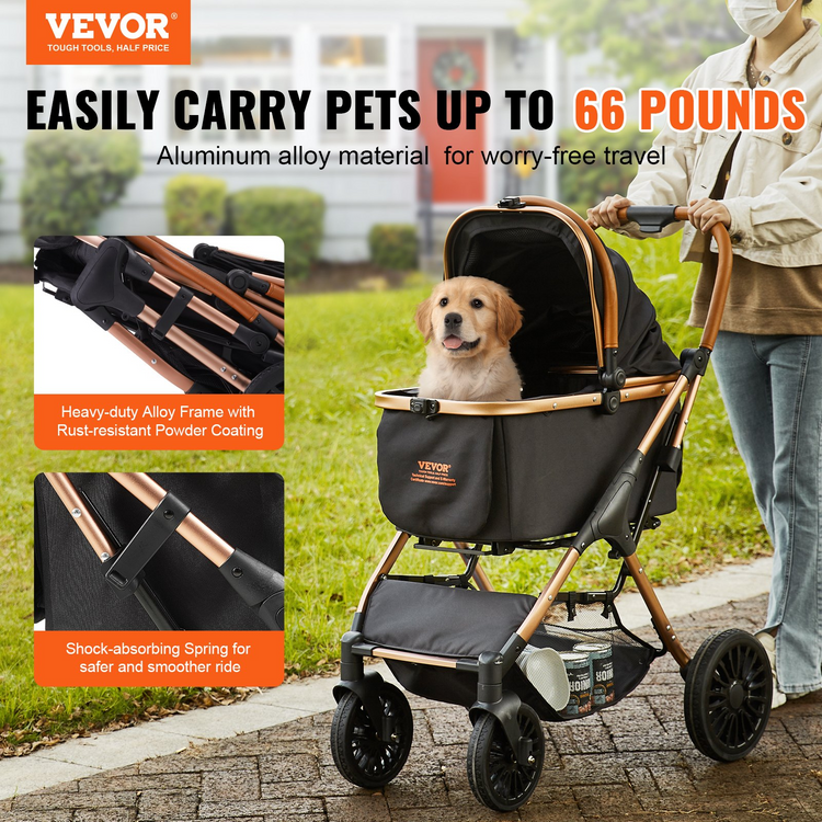 a woman pushing a stroller with a dog in it