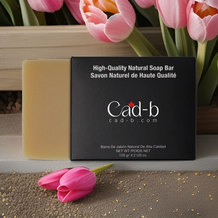a black box with white text next to pink tulips