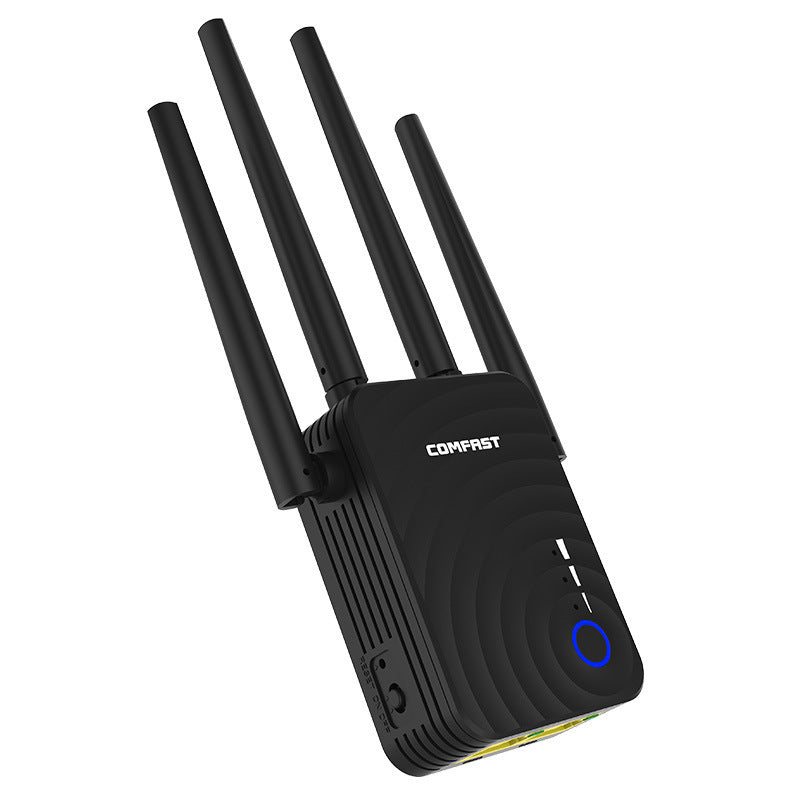 a black wireless router with long antenna