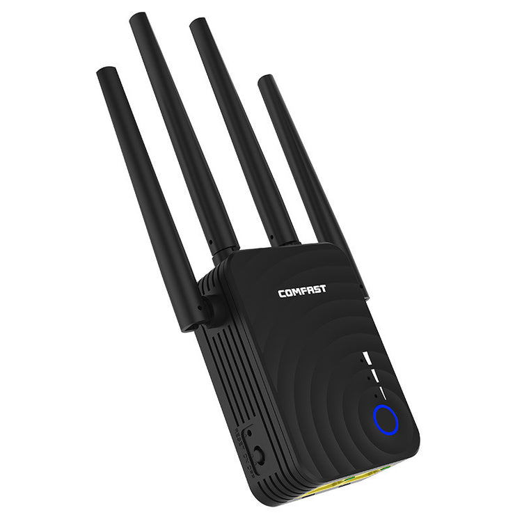 a black wireless router with long antenna