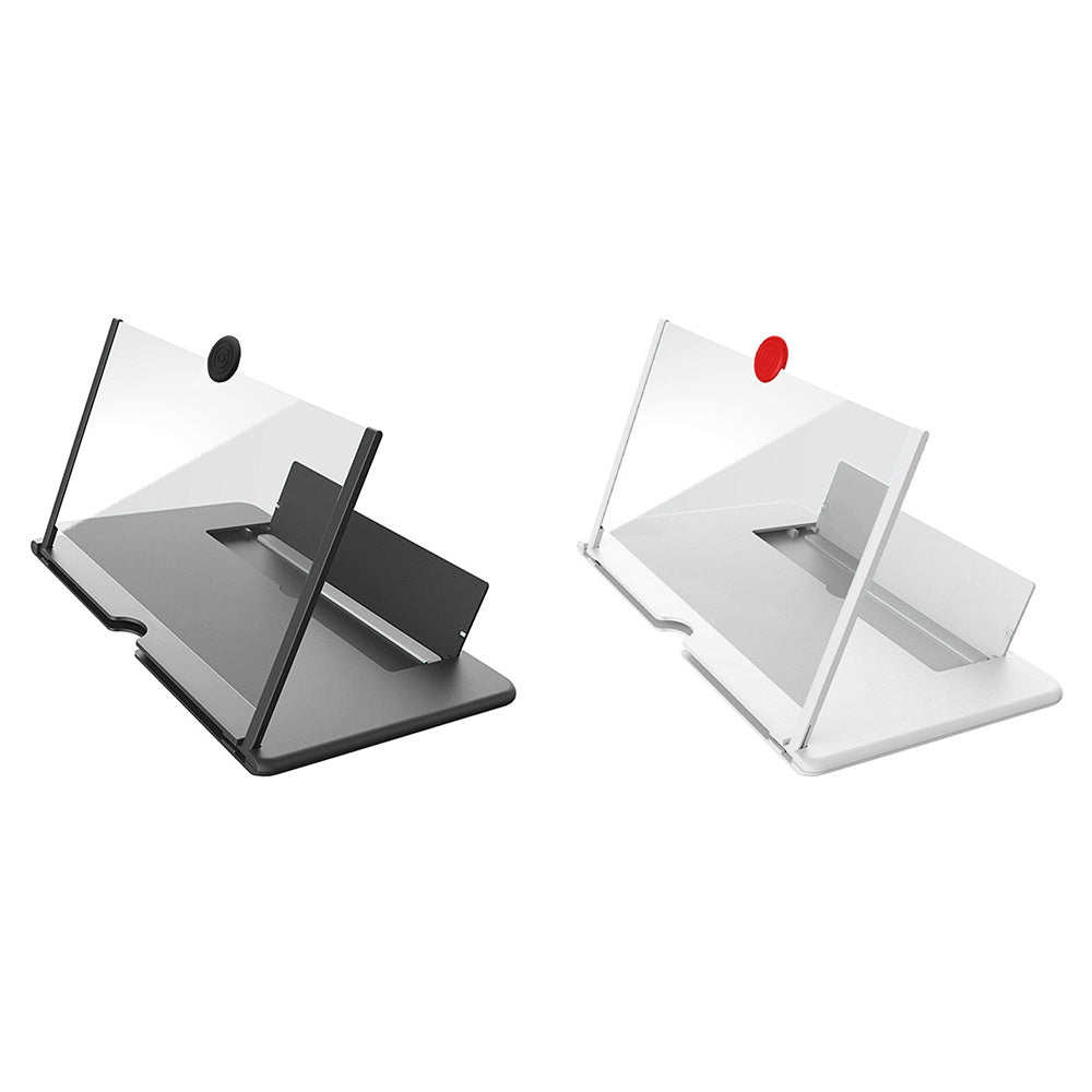 a black and white stand with a red dot