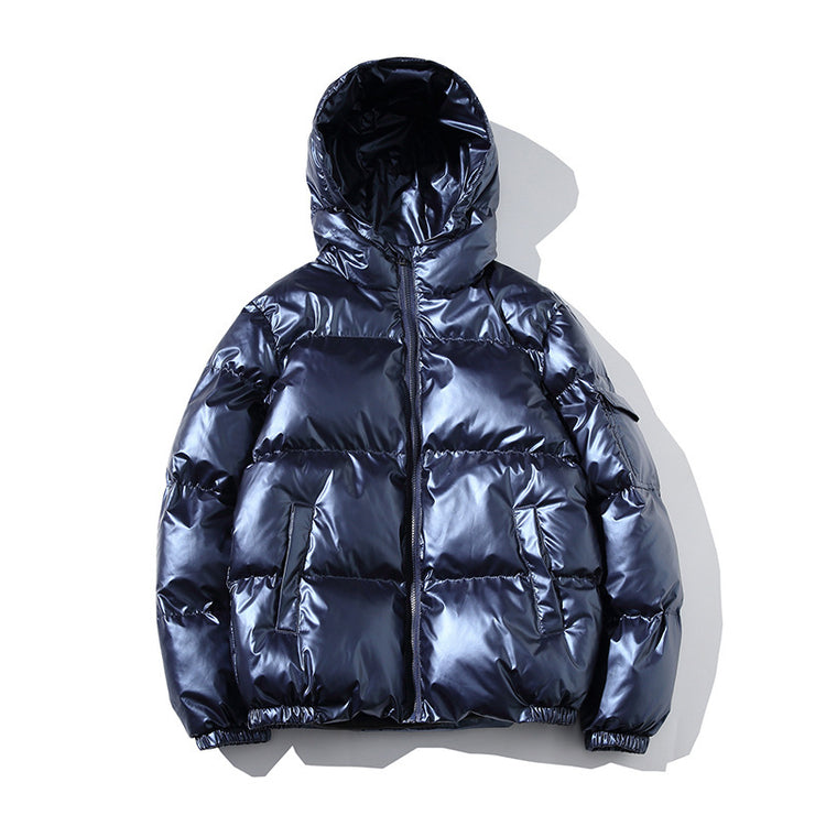 a shiny blue puffer jacket
