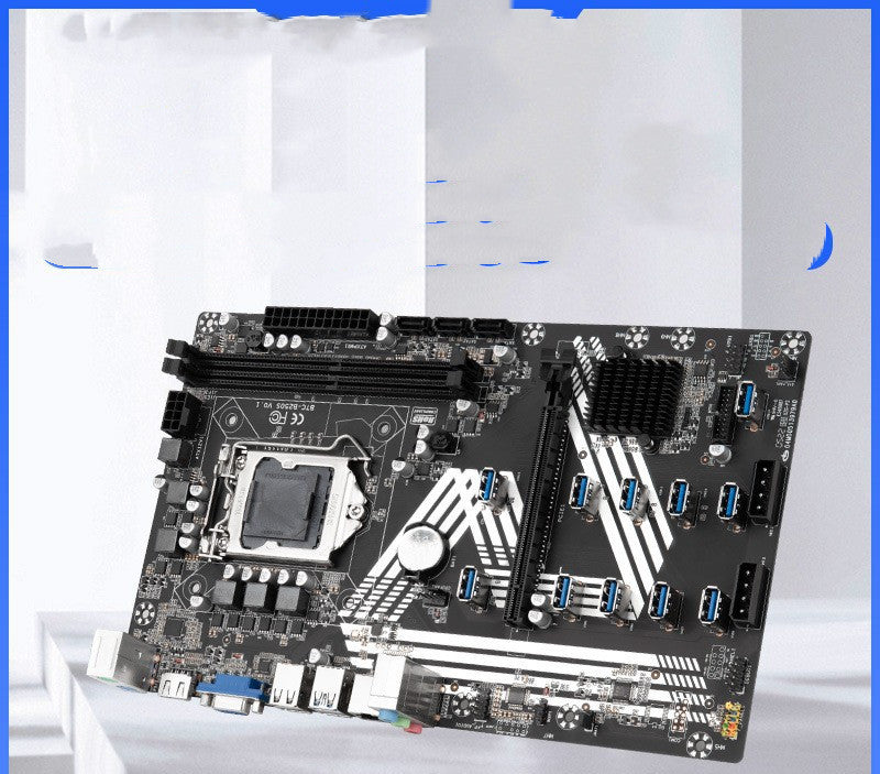 a computer motherboard with many ports