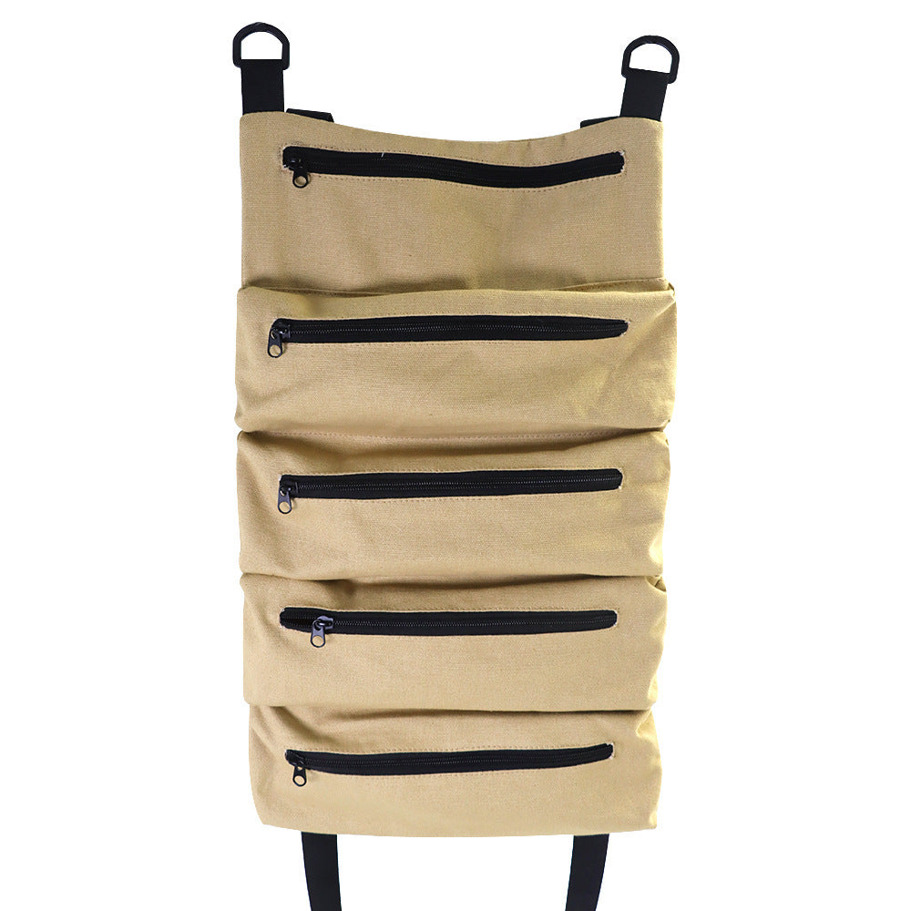 a tan bag with zippers
