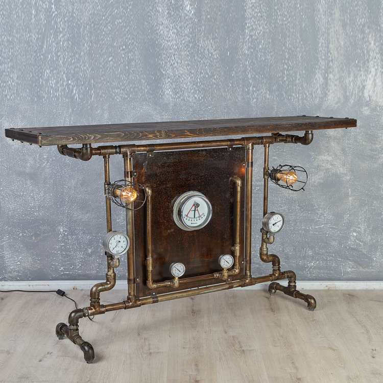 a table with a wood table and pipes