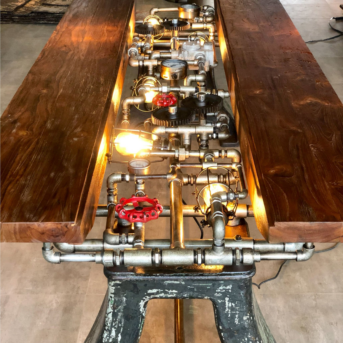 a table with a wood and metal structure