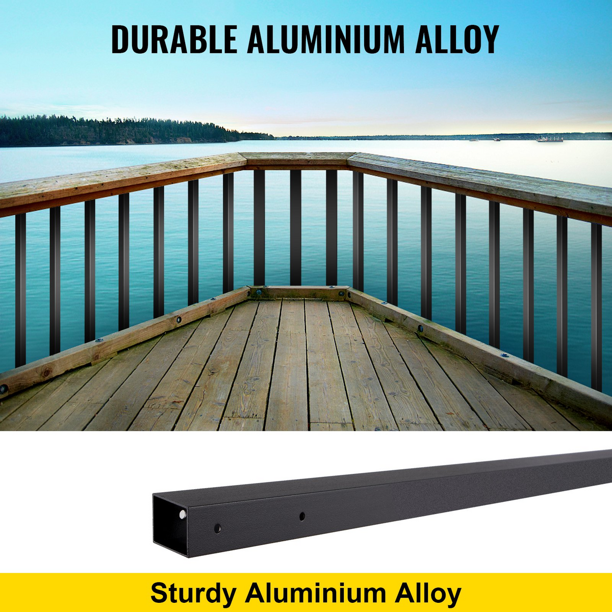 a metal railing on a deck overlooking a body of water