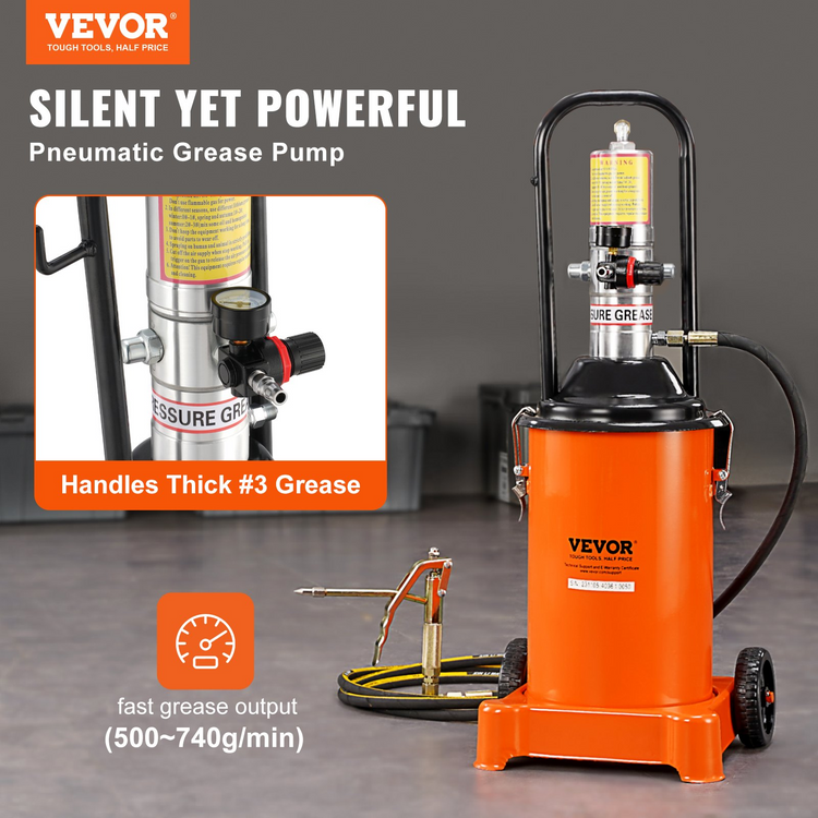 an orange and black pneumatic grease pump