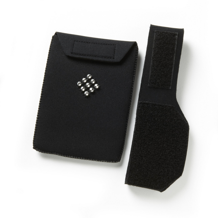 a black fabric pouch with a rhinestone design