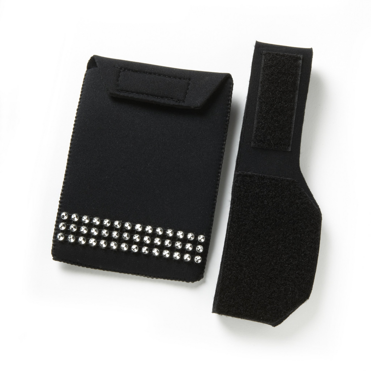 a black fabric pouch with rhinestones