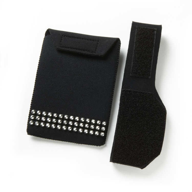 a black fabric pouch with rhinestones