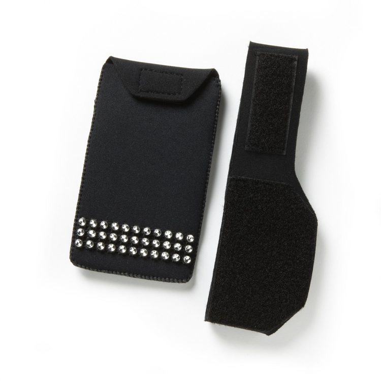 a black fabric pouch with rhinestones