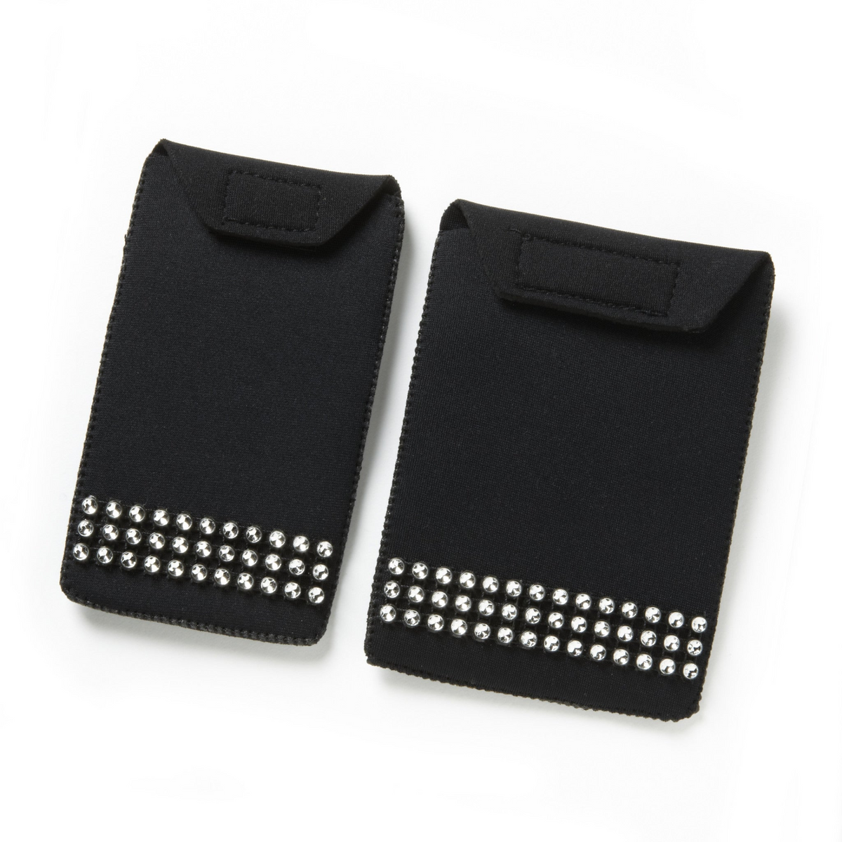 a pair of black fabric pouches with rhinestones