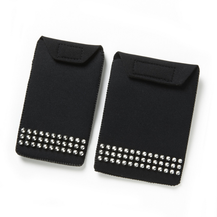 a pair of black fabric pouches with rhinestones