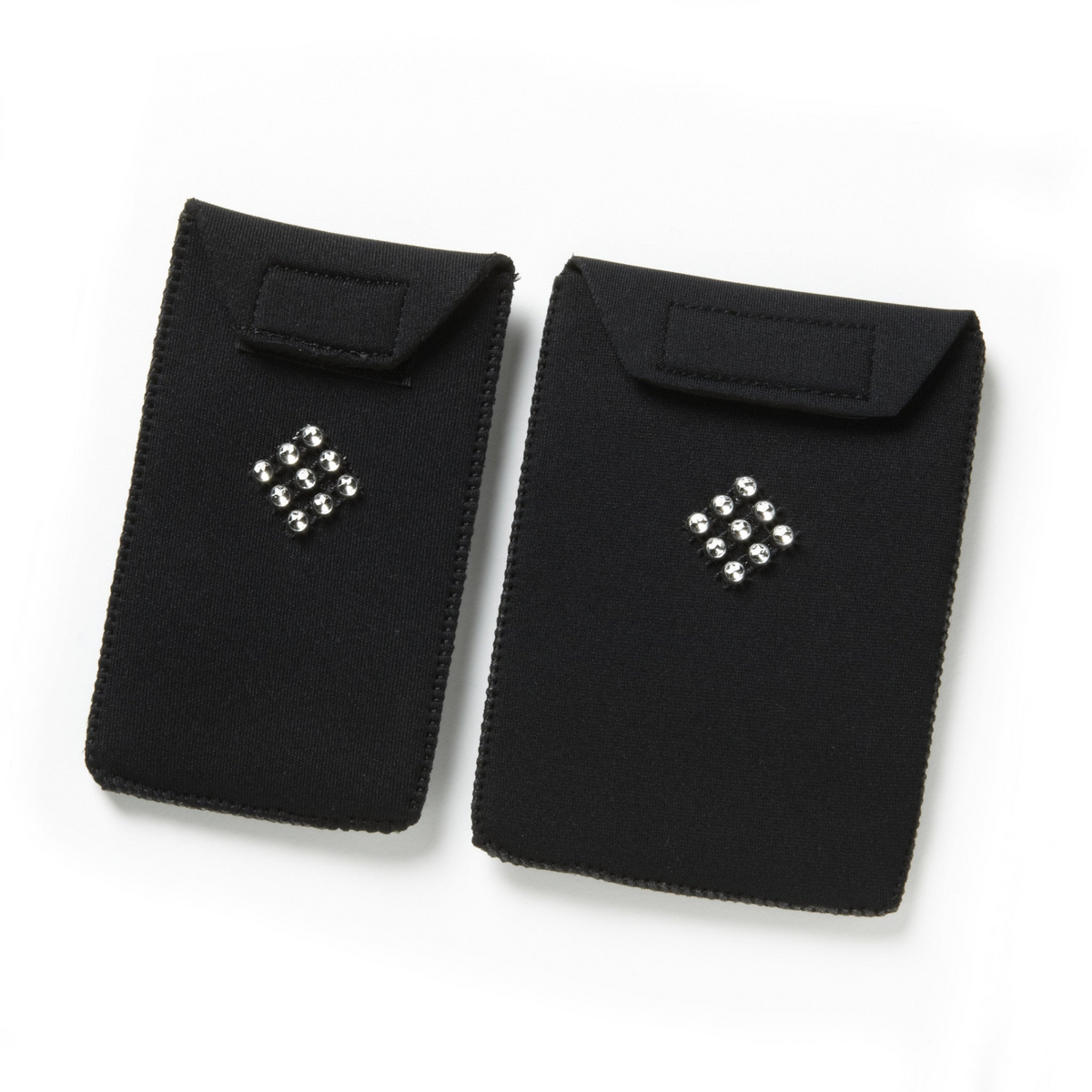 a pair of black fabric bags with rhinestones