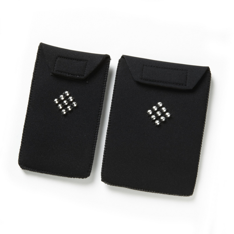a pair of black fabric bags with rhinestones