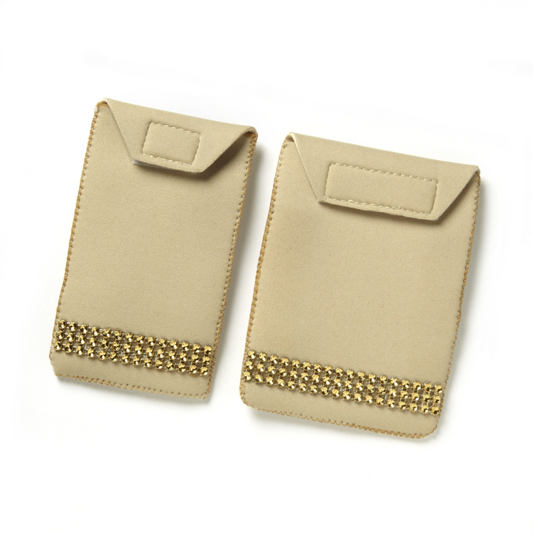 two tan fabric bags with gold beads