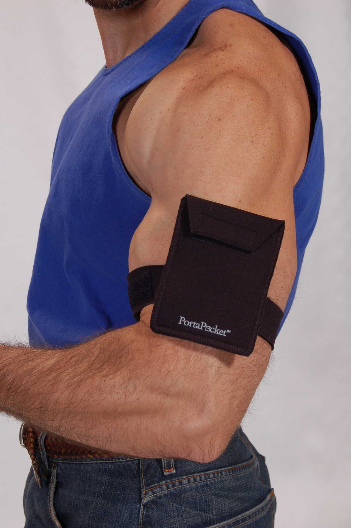 a man wearing a black arm band