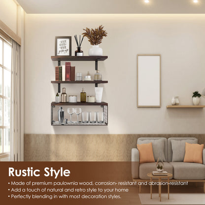 2 In 1 Floating Shelves Wall Mounted With Storage Basket Bathroom Shelves Over Toilet Wooden Shelves For Bedroom Living Room Kitchen Office Wall Decor Plants