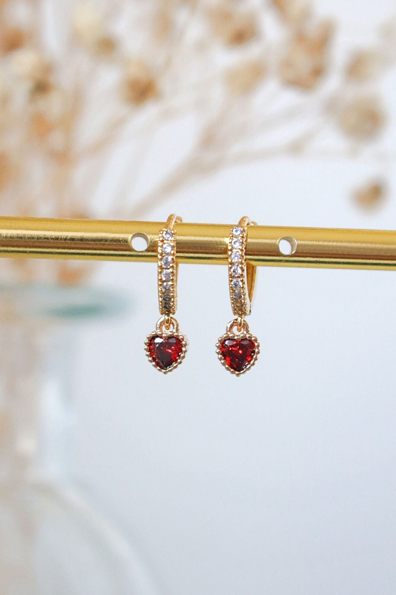 Darling | 24K Red CZ Heart Hoop Earrings