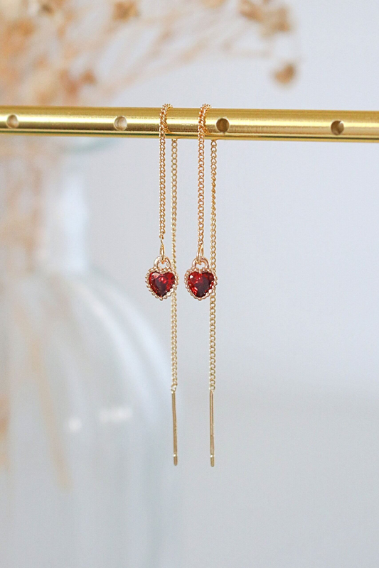 Darling | 24K Red CZ Heart Chain Dangle Earrings