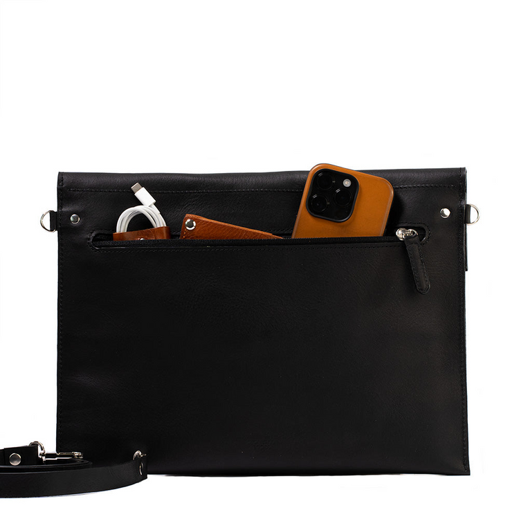 a black purse with a strap and a phone in it