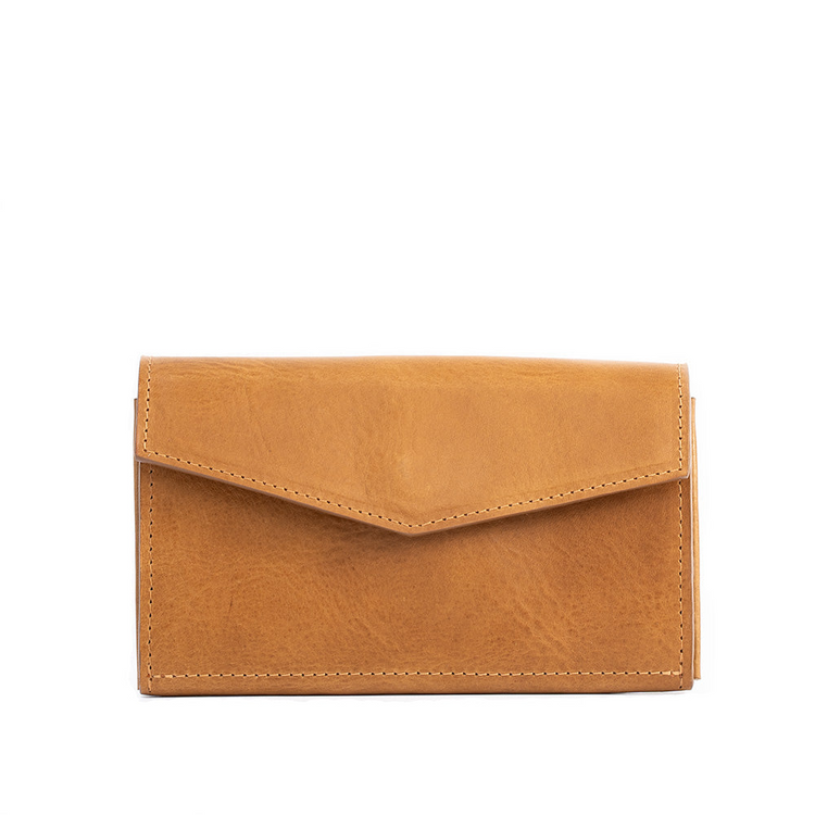 a brown leather wallet with stitching