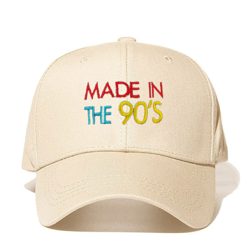 a white hat with colorful text on it