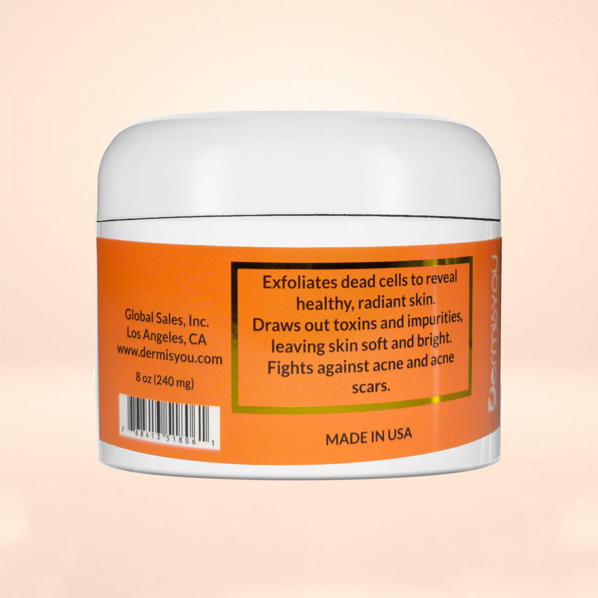 a white container with orange label