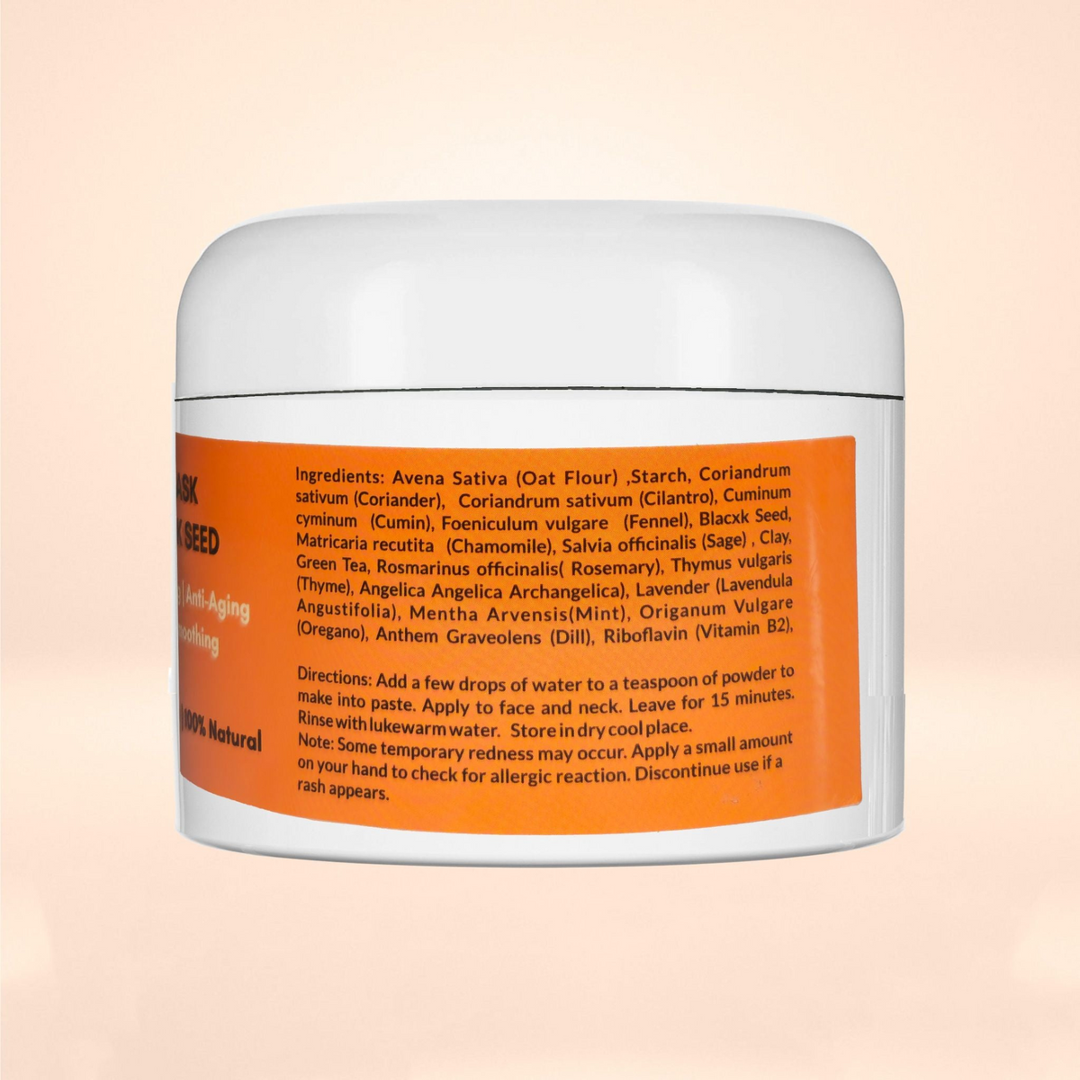 a white container with orange label