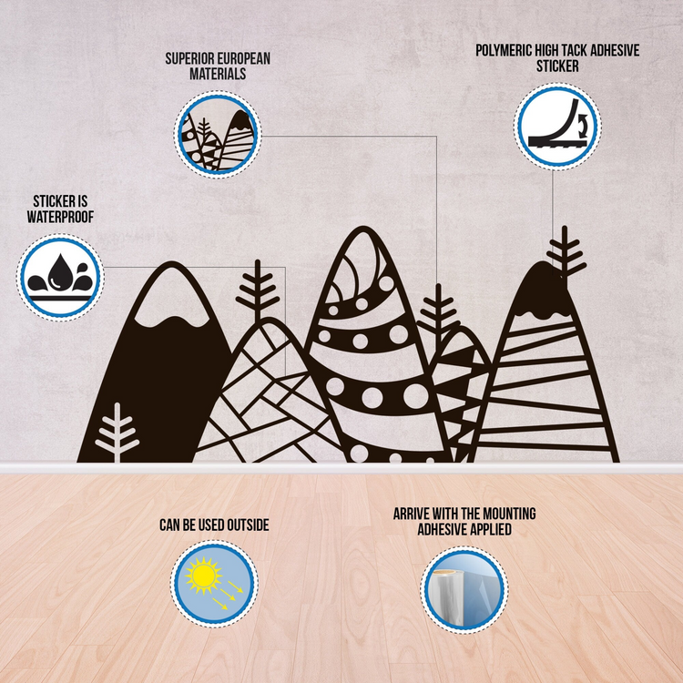 a wall with mountains and icons