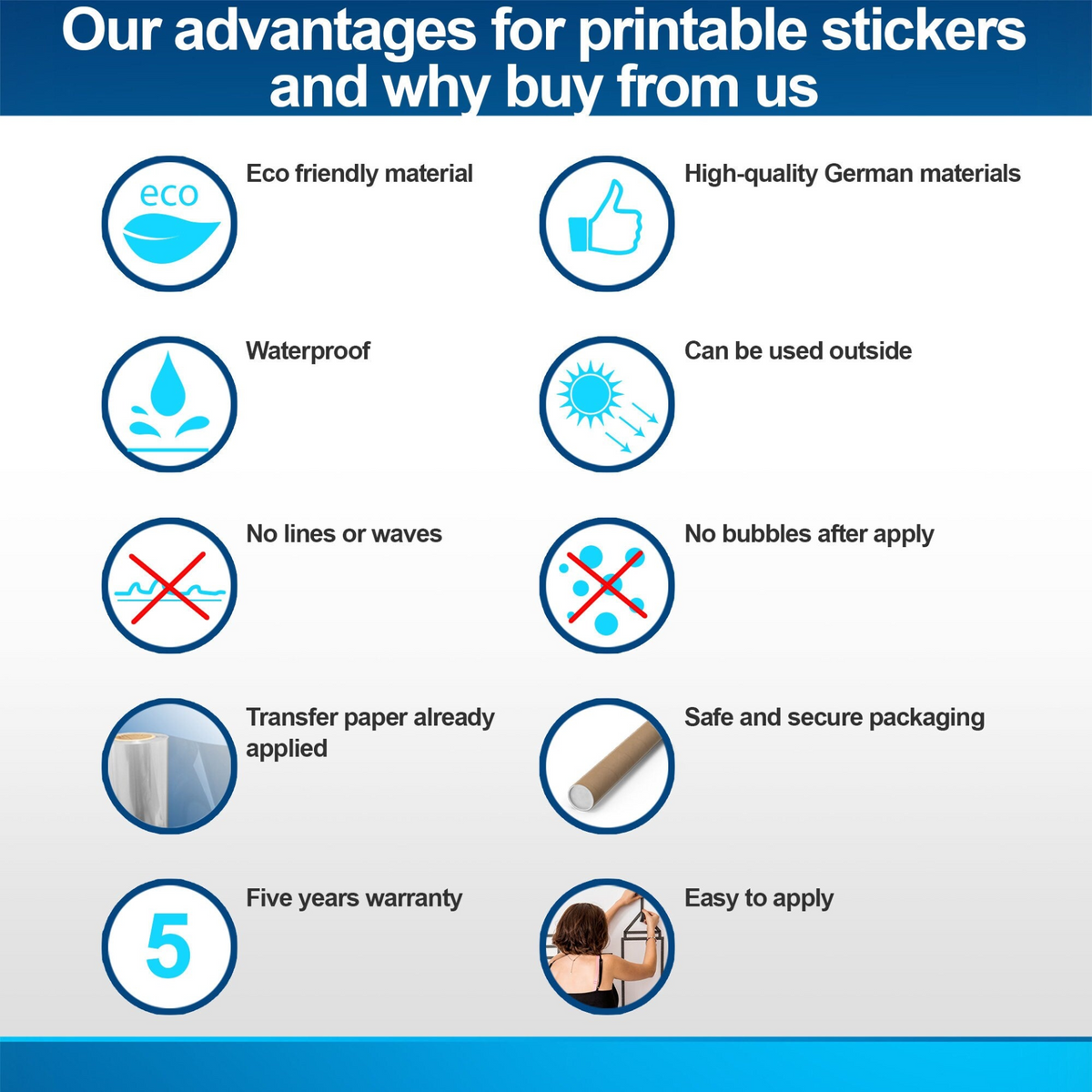 a white background with blue circles and icons