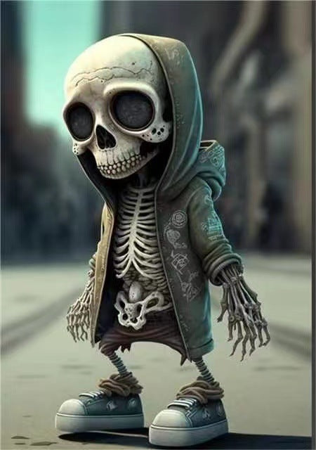 a cartoon skeleton in a hoodie