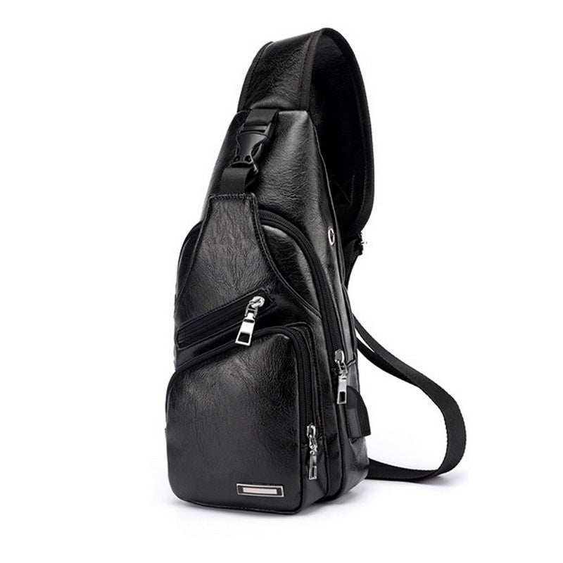 a black leather backpack with a strap