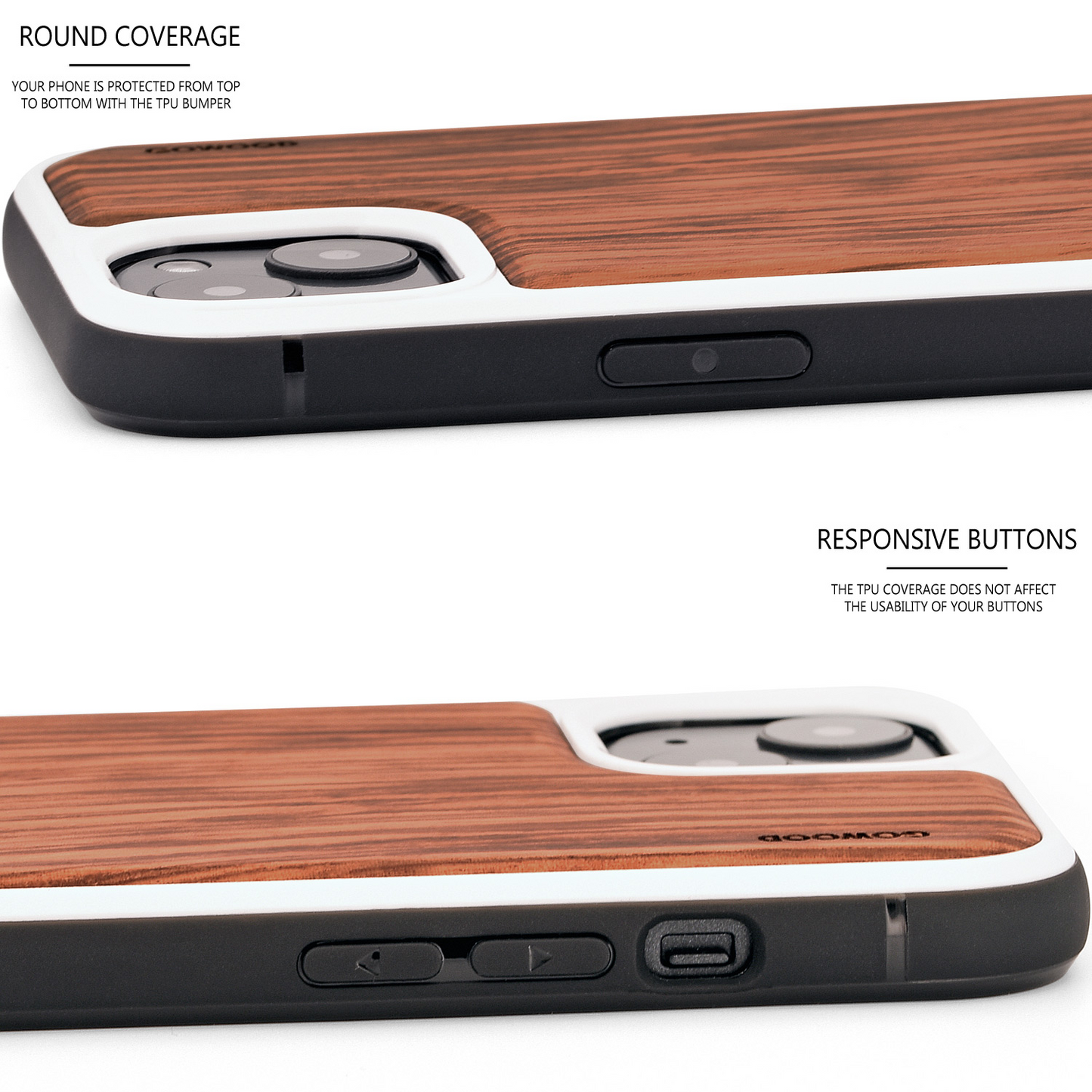iPhone 13 Mini zebra wood case with TPU bumper and white PC