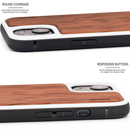 iPhone 13 Mini zebra wood case with TPU bumper and white PC