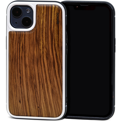 iPhone 13 Mini zebra wood case with TPU bumper and white PC