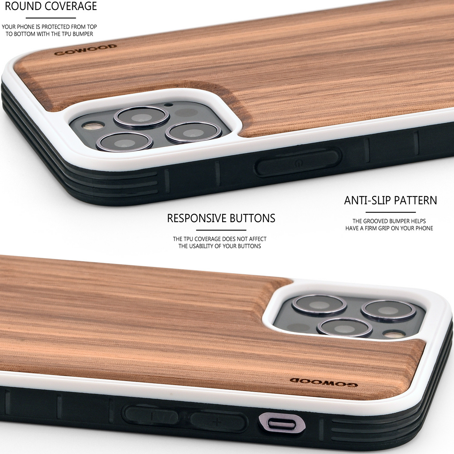 iPhone 12 Mini wood case zebra backside with TPU bumper and white PC