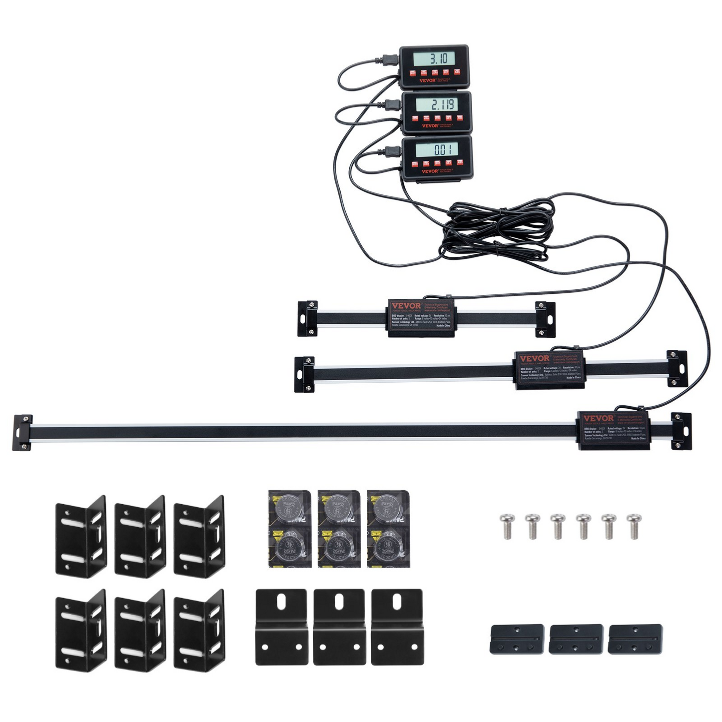 VEVOR Digital Readout, 6'' & 12'' & 24'', Linear Scale 3 Axis DRO Display Kit with L-Shaped Brackets Z-Shaped Brackets Thickened Plates Screws Button Cells