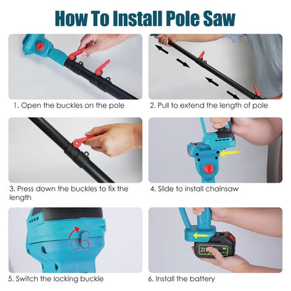 Cordless Pole Saw And Mini Chainsaw With Extension Pole 21V Battery 6IN Electric Brushless Pole Chainsaw With Digital Display Auto Oiler Safety Switch For Tree Trimming